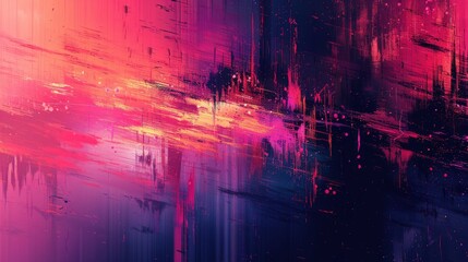 A digital glitch background with a dark, moody color palette. Flickering static