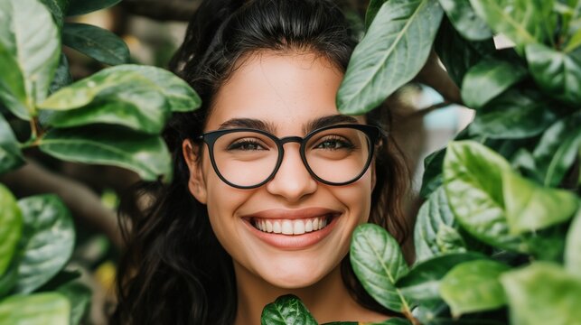 Close-up of a woman smiling, wearing glasses, with green leaves framing her face