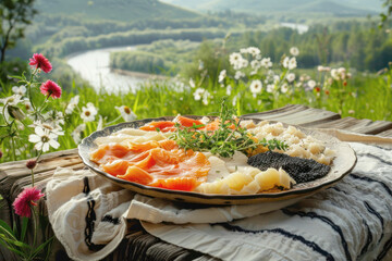 Beautifully Arranged Plate of Draniki with Smoked Salmon and Caviar in Belarusian Countryside