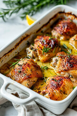 Wall Mural - Baked Chicken Thighs in baking dish. Ai generative.