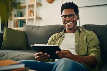 Wall Mural - Portrait of a Smiling African American Man Sitting and Using a Digital Tablet for Studying From Home