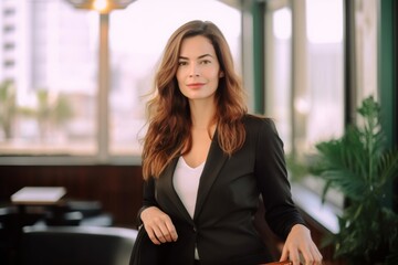 Canvas Print - Portrait of mid adult businesswoman at hotel. Confident female professional is on business trip. She is having long brown hair