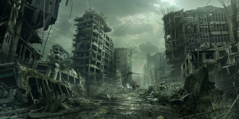 Wall Mural - Resilient Remnants: Futuristic Ruins Amidst Economic Desolation 4K Wallpaper，Ruins, near-future cities, technological ruins, depressed economy, old, desolate, 4k high-definition wallpapers, background