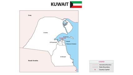 Kuwait Map. State map of Kuwait. Administrative map of Kuwait with state and capital in white color.