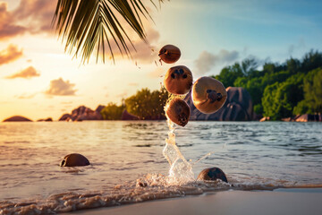 Wall Mural - fresh coconuts on the beach, splashes of water, fruit splashing