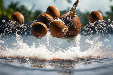 Wall Mural - fresh coconuts on the beach, splashes of water, fruit splashing