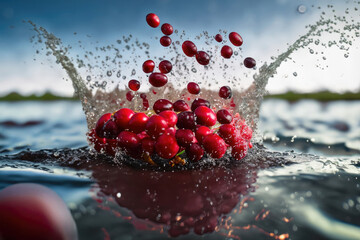 Wall Mural - fresh cranberries with splashes of water, fruit splashing