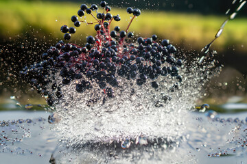 Wall Mural - fresh elderberries with splashes of water, fruit splashing