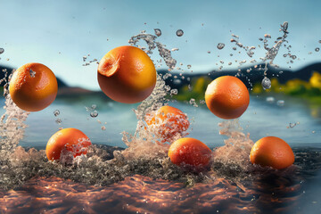 Wall Mural - fresh grapefruits with splashes of water, fruit splashing