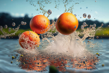 Wall Mural - fresh grapefruits with splashes of water, fruit splashing