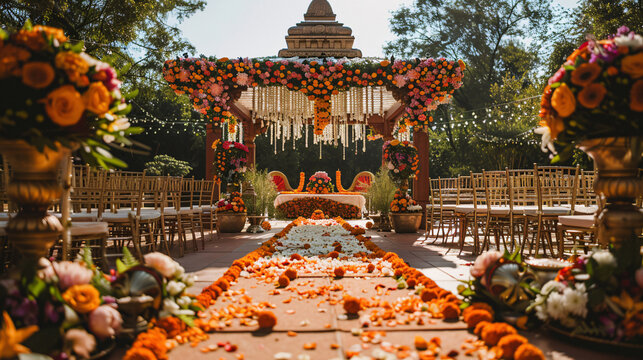 Traditional Hindu wedding ceremony with cultural elements and decorations