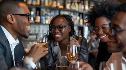 Wall Mural - young black corporate africans having drinks at a bar doing the cheers.