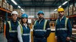 © muqadas - Full team of warehouse employees standing in warehouse. Team of workers in reflective clothing in modern industrial factory, heavy industry, manufactrury