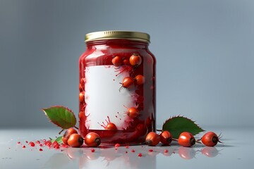 Wall Mural - canned food, sweet red rosehip preserved in jars