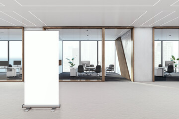 Wall Mural - Modern glass office hallway with white mock up roll-up banner. 3D Rendering.