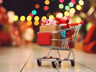 A shopping cart filled with colorful wrapped gifts blurry background