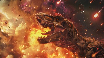 A dinosaur roaring in the foreground, with meteors falling from the sky, fire and smoke on the background