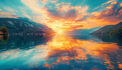 Wall Mural - A beautiful sunset over a lake with mountains in the background