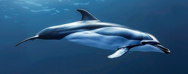 A long beaked dolphin swimming in the deep blue ocean on blue background