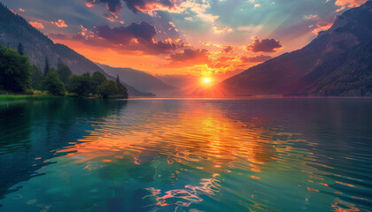 Wall Mural - A beautiful sunset over a lake with mountains in the background