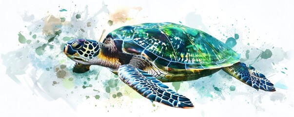 painting of a sea turtle on green and blue colour shell with water colour splashes with white background