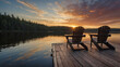 Serene sunrise scene, Two empty Adirondack chairs on a lakeside dock in Muskoka, Ontario, Canada.