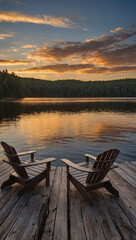 Wall Mural - Tranquil morning, Adirondack chairs sit empty on a dock by a Muskoka lake at sunrise in Ontario, Canada.