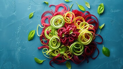 Wall Mural - An artistic composition of spiralized cucumber and beetroot noodles forming a colorful mandala, symbolizing holistic wellness
