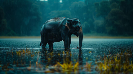 Wall Mural - Wildlife photo of an Indianelephant in a panoramic landscape of Kerala's paddyfield under the rain. The immersive hues and natural beauty create a serene scene captured by AI generative.