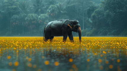 Wall Mural - Indianelephant in the rain within a panoramic Kerala paddyfield. The wildlife photo showcases immersive hues and natural beauty, creating a picturesque scene with AI generative.