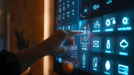 Close-up of a hand interacting with a futuristic digital touchscreen interface filled with icons, suggesting technology and innovation.