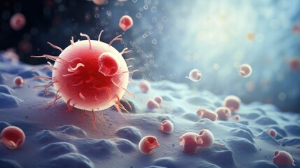 Photograph of a white blood cell engulfing a bacteria cell, showcasing the immune system's defense mechanism against pathogens. 
