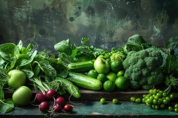 Wall Mural - Fresh Green Vegetables and Herbs on Dark Rustic Background