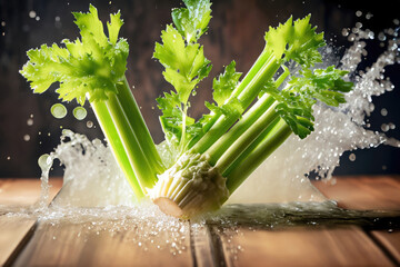 fresh celery on a wooden table