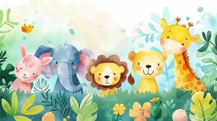  A colorful background with cute and funny zoo animals illustrated in a watercolor drawing.