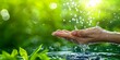 © MDEMRAN - Human hand with fresh water splash on green nature background. Ecology concept