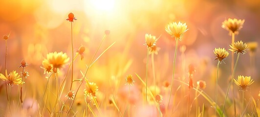 Poster - Sunset on the meadow with yellow daisies in summer