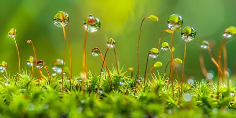 Poster - Macro shot of moss with dew drops. Nature background.