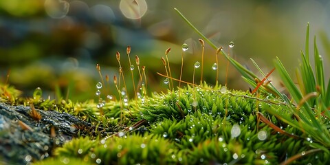 Poster - Macro shot of moss with dew drops. Nature background.