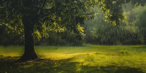 Poster - Water drops on green grass with bokeh sun light background.