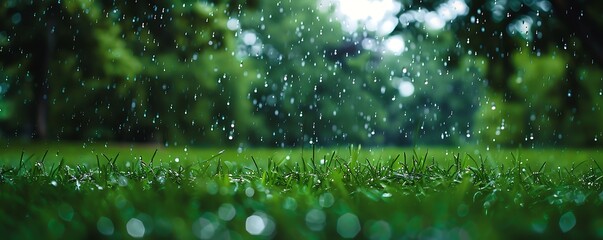 Poster - Fresh green grass with dew drops close up. Nature background.
