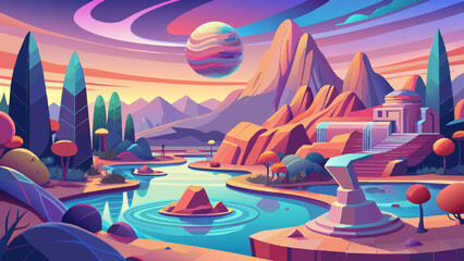 Wall Mural - Surreal Alien Landscape with Vivid Colors and Fantasy Elements