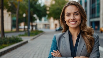 Young happy pretty smiling professional business woman, happy confident positive female entrepreneur standing outdoor on street arms crossed, looking at camera