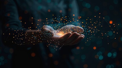 Businessman Hand Holding Algorithm Development Icons with Strong Network Connections, Promoting Growth of Innovation-Driven and Tech-Savvy Businesses in a Digital Era.