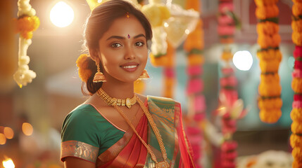 a Tamil girl striking a promotional pose for a sales advertisement