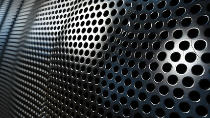 Loudsound Audio speaker grill, black metal texture, loudspeaker grid with round openings for background

