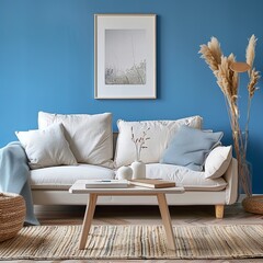 Poster - An inviting and cozy living room with blue walls makes a perfect background or wallpaper abstract concept of home comfort