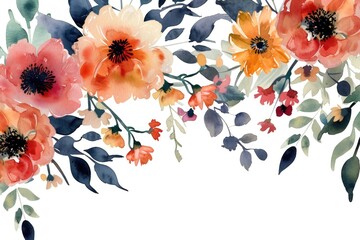 Wall Mural - Floral Elegance: Watercolor Flowers and Greenery Border on White Background