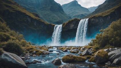 water flowing from the mountain, calm waterfall view, daytime landscape background