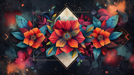 Wall Mural - Colorful vector illustration with a geometric design and floral elements